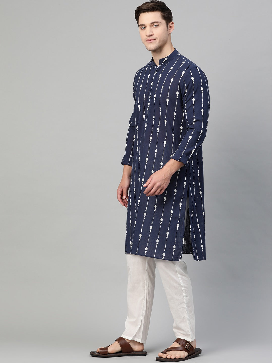 Riwaat.com Men Navy Blue & White Printed Straight Kurta With Pajama Riwaat Printed