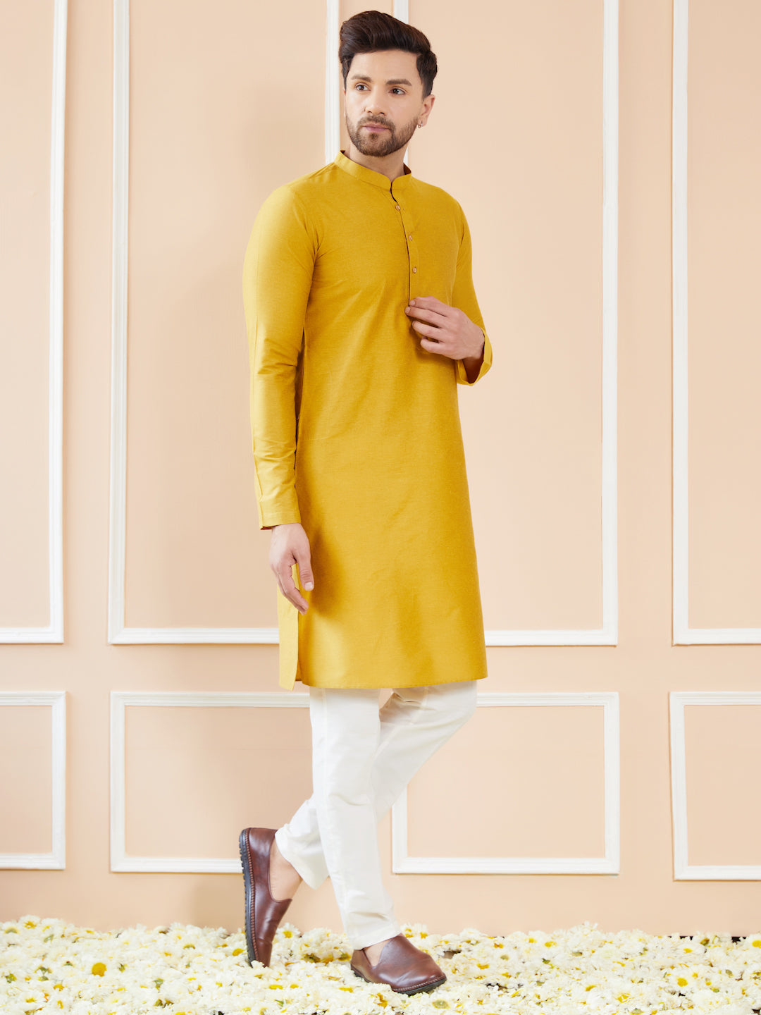 Yellow Cotton Solid Straight Kurta