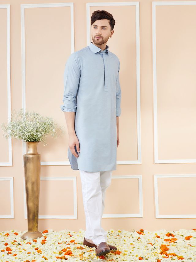 Men Blue Cotton Solid Pathani Kurta