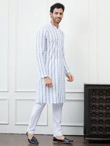 Men White And Blue Chikankari Embroidered Cotton Kurta