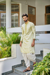 Men Olive Thread Work Yoke Design Kurta With Patiala Salwar