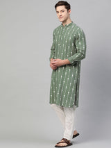 Green & White Printed Straight Kurta With Pajama