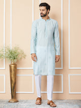 Light Cyan Embroidered Pure Chanderi Silk Straight Kurta with Pyjama