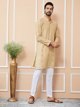 Beige Cotton Handloom Motifs Straight Kurta with Pyjama