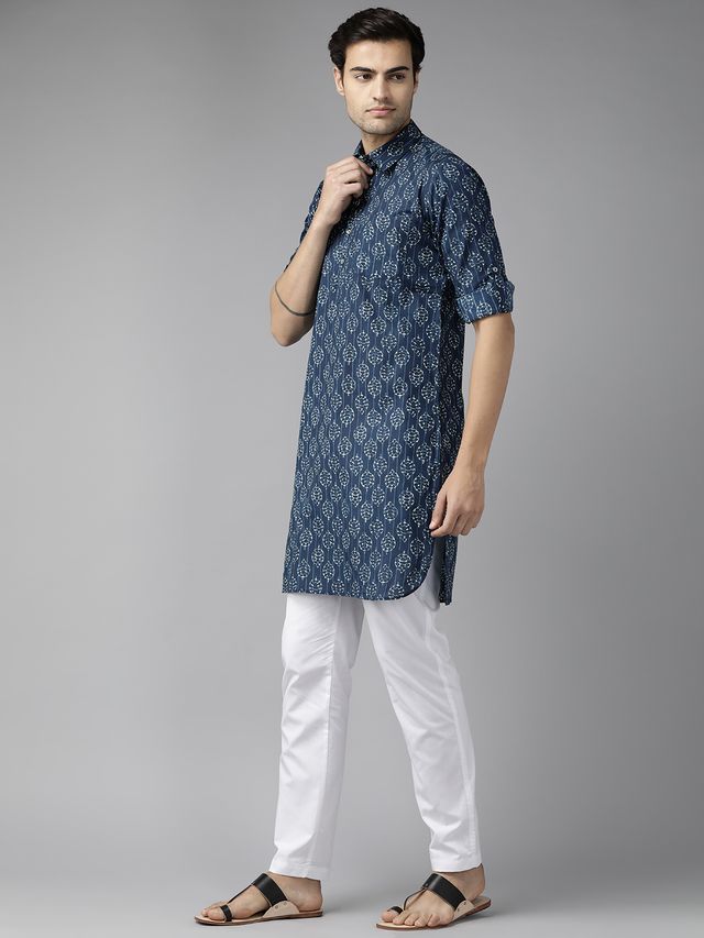 Men Indigo Regular Pure Cotton Pathani Printed Men's Kurta