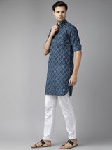 Men Indigo Regular Pure Cotton Pathani Printed Men's Kurta