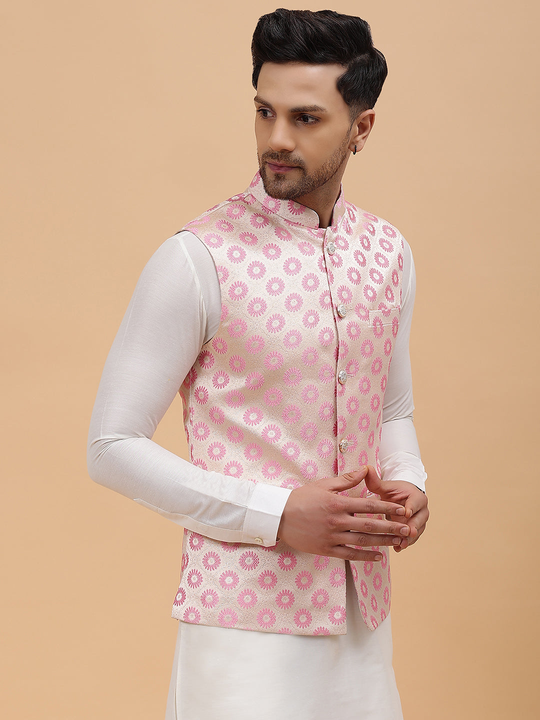 Men Gold & Pink Woven Design Jacquard Nehru Jacket