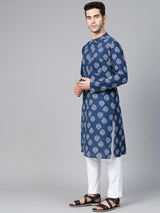 Riwaat.com Men Blue Indigo Hand Block Print Straight Sustainable Kurta Riwaat Printed