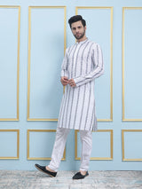 Riwaat.com Men White & Blue Chikankari Embroidery Cotton Kurta Riwaat Embroidered