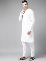 Men White Pure Cotton Chikankari Embroidered Straight Kurta With Pyjama