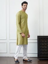 Riwaat.com Men Olive Thread Work Cotton Kurta Riwaat Mehendi Thread Work