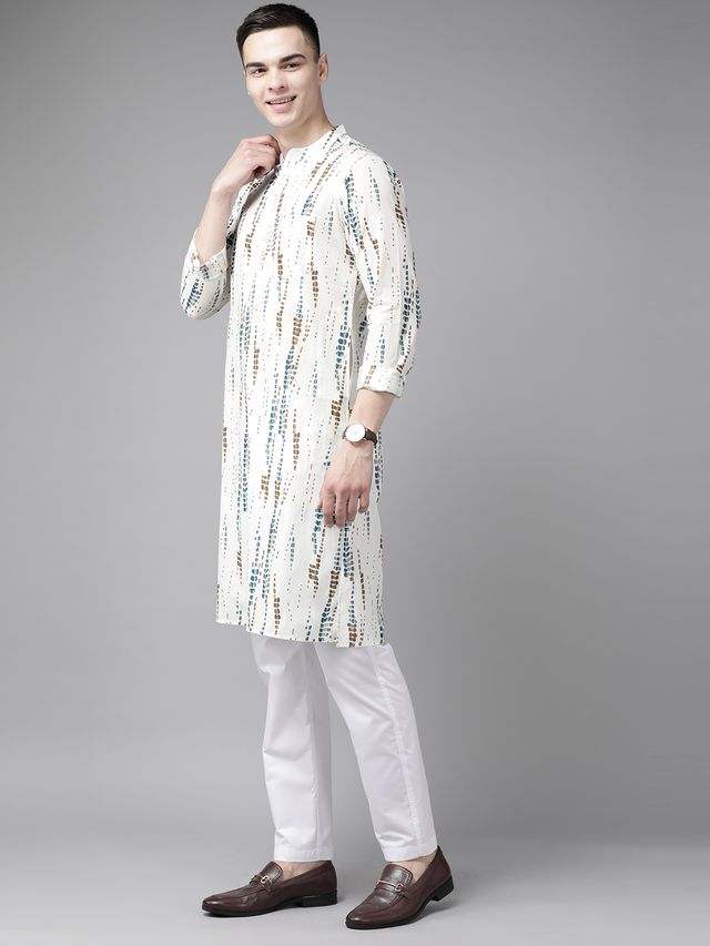 Men White Multi Tie and dye Print Design Straight Kurta With Pyjama