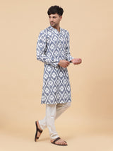 Men White And Grey Ikat Printed Kurta