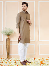 Men Brown Cotton Solid Pathani Kurta with Pyjama