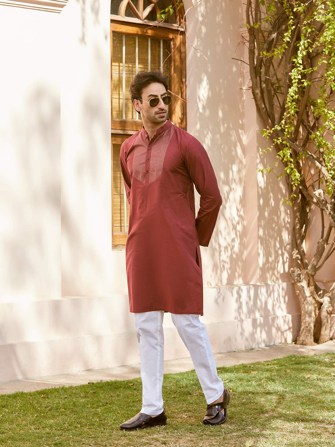 Men Maroon Cotton Silk Pintex Yoke Design Kurta With Pajama