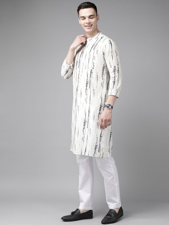 Men White Multi Tie and dye Print Design Straight Kurta With Pyjama