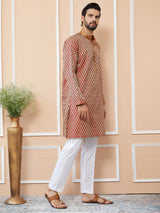Red-Beige Ethnic Motifs Silk Jacquard Woven Design Straight Kurta with Pyjama with Embroidered Neckline