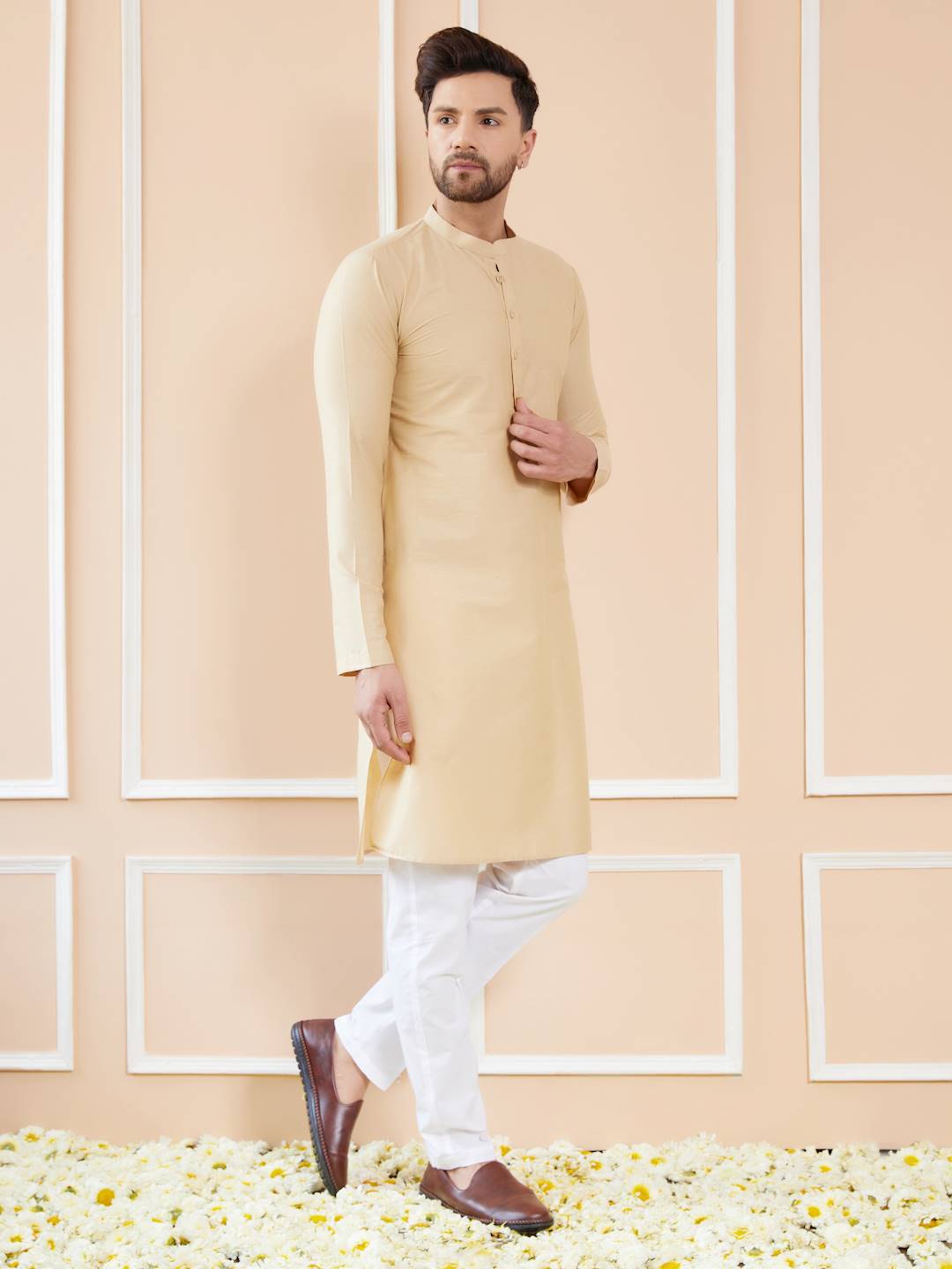 Men Golden Beige Cotton Solid Straight Kurta With Pajama