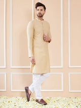 Men Golden Beige Cotton Solid Straight Kurta With Pajama