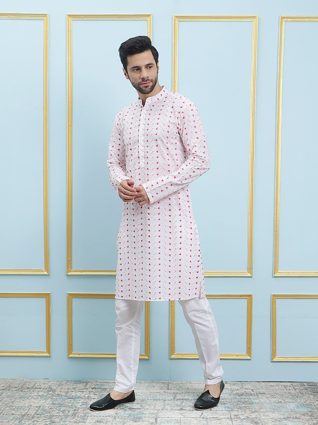 Riwaat.com Men White & Red Chikankari Embroidery Cotton Kurta Riwaat Chikankari Cotton Embroidered