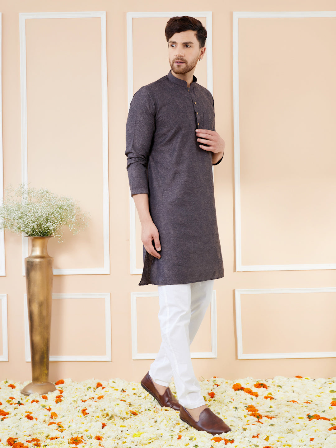 Black Ethnic Motifs Silk Jacquard Woven Design Straight Kurta with Pyjama