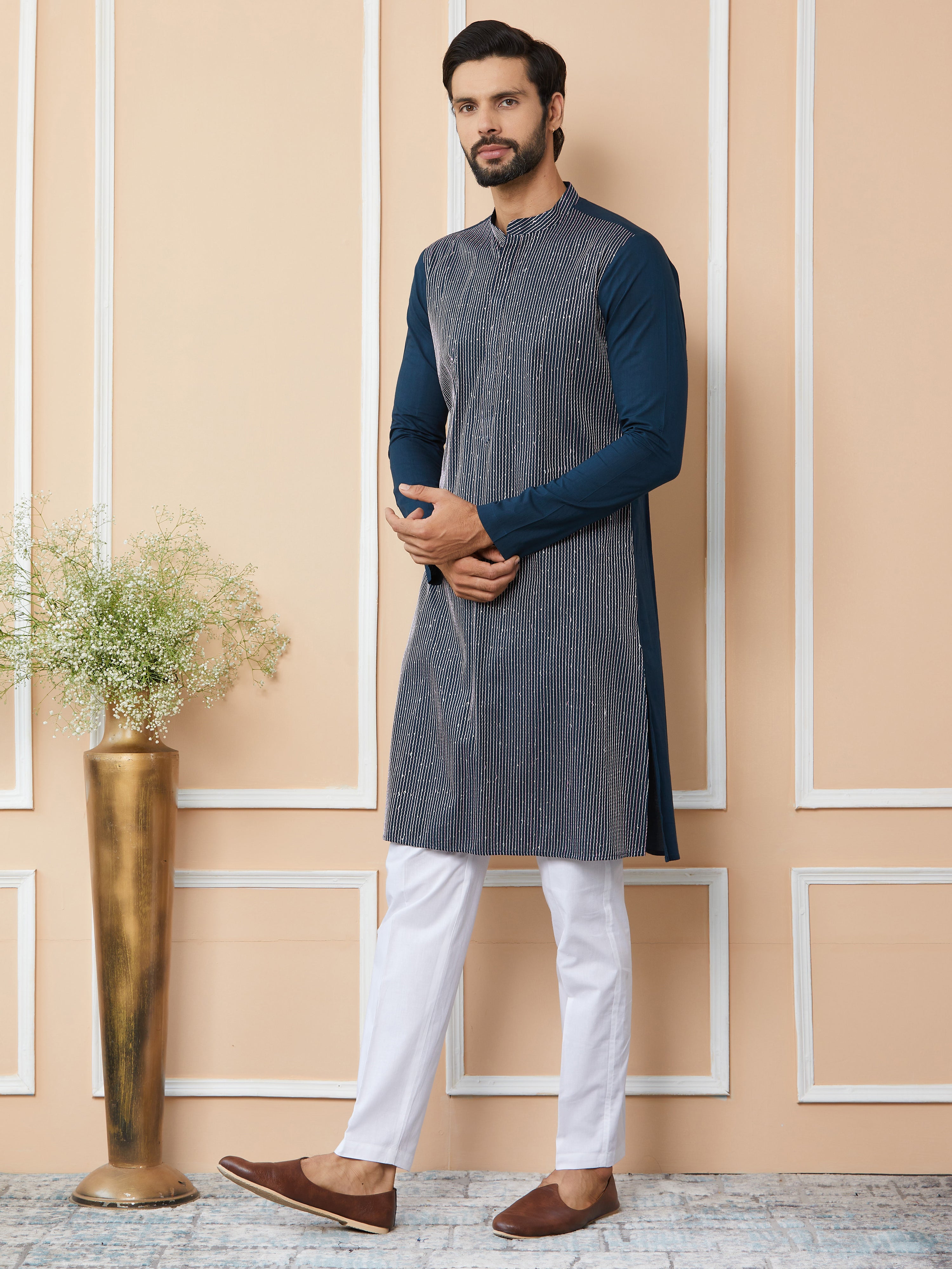 Dark Blue Thread & Sequins Worked Pure Cotton Straight Kurta with Pyjama