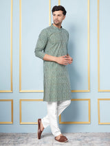 Men Green and White Printed Kurta With pyjama