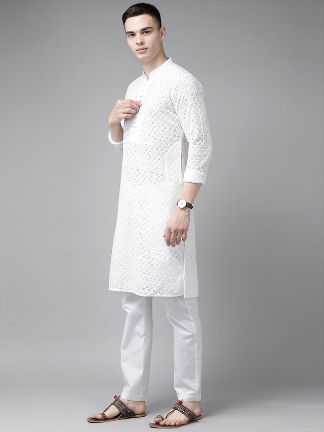 Men White Embroidered Chikankari Pure Cotton Straight Kurta With Pyjama