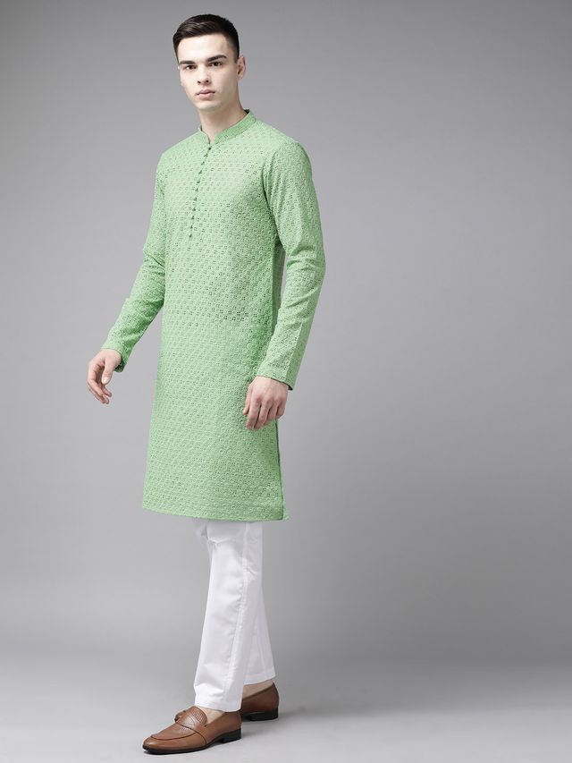 Men Green Pure Cotton Chikankari Embroidered Straight Kurta With Pyjama