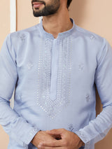 Blue Embroidered Chanderi Silk Straight Kurta with Pyjama