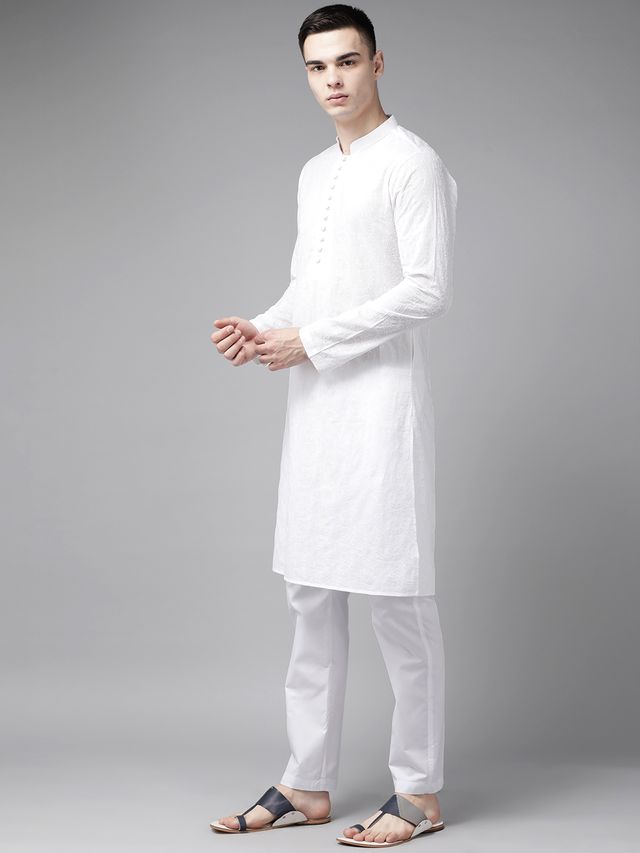 Men White Pure Cotton Chikankari Embroidered Straight Kurta With Pyjama
