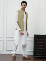 Men Khaki Color Woven Design Embroidery With Sequence Cotton Nehru Jacket