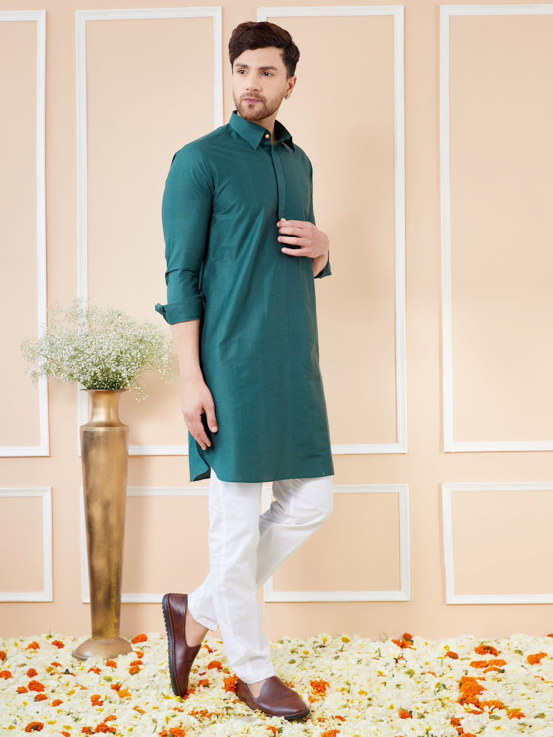 Men Green Cotton Solid Pathani Kurta with Pyjama