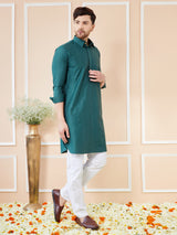 Men Green Cotton Solid Pathani Kurta with Pyjama