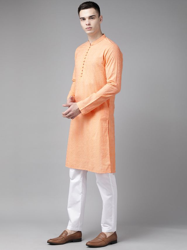 Men Peach Pure Cotton Chikankari Embroidered Straight Kurta With Pyjama