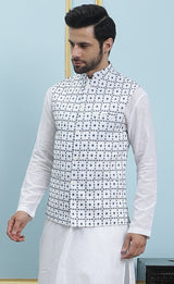 Men White And Teal Azure Mosaic Woven Design Chikankari Embroidery Cotton Nehru Jacket