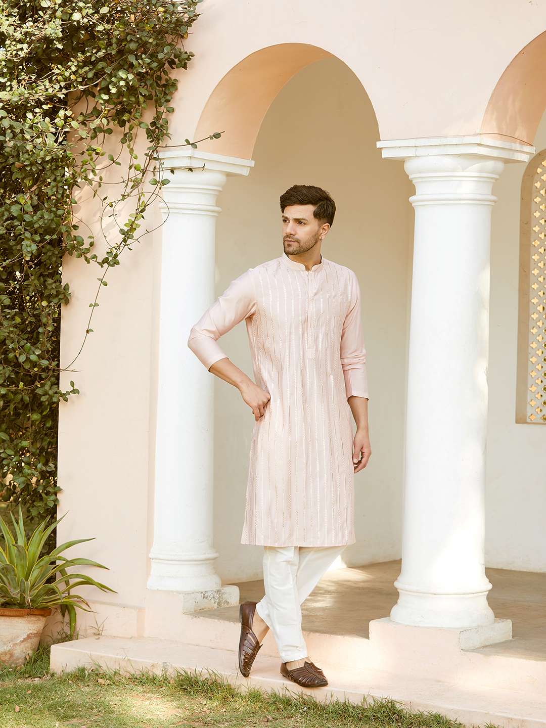 Men Pink And Gold Chanderi Silk Sequins Kurta With Pajama