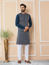 Dark Blue Thread & Sequins Worked Pure Cotton Straight Kurta with Pyjama