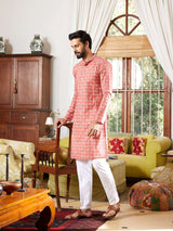 Men Pink And White Cotton Leaf Print Straight Kurta With Pajama