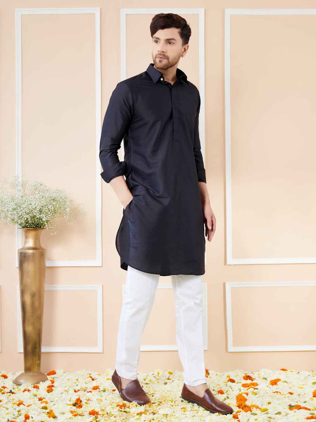 Men Black Cotton Solid Pathani Kurta with Pyjama