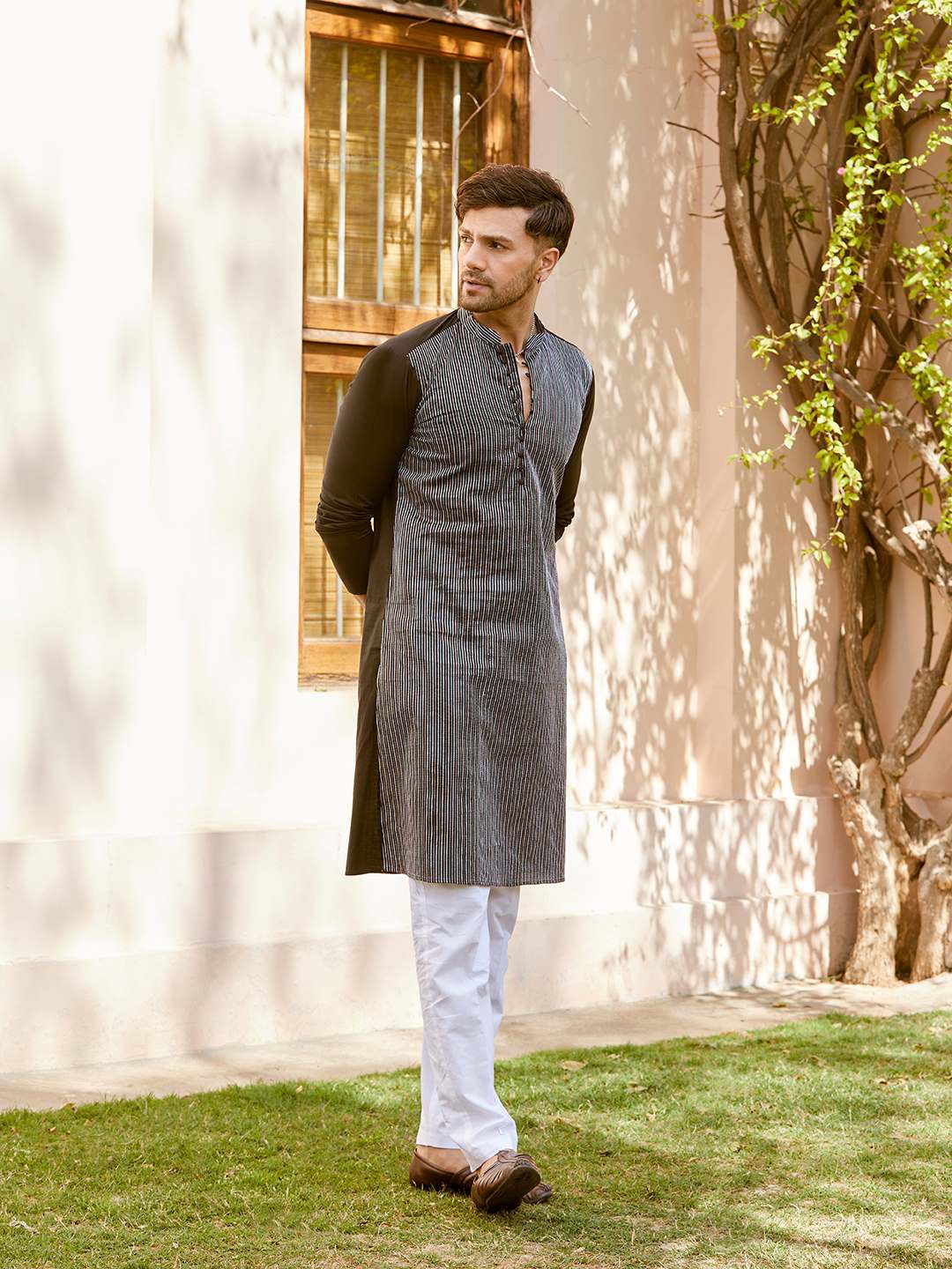 Men Black Cotton Pintex Design Multi Thread Work Kurta