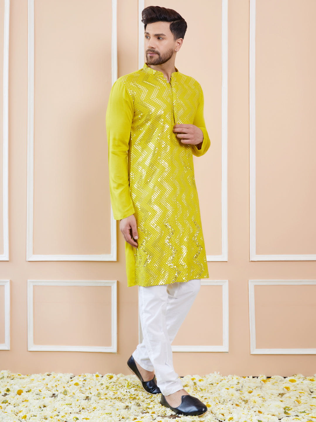 Men Lime Green And Gold Rayon Embroidery Sequins Kurta With Pyjama