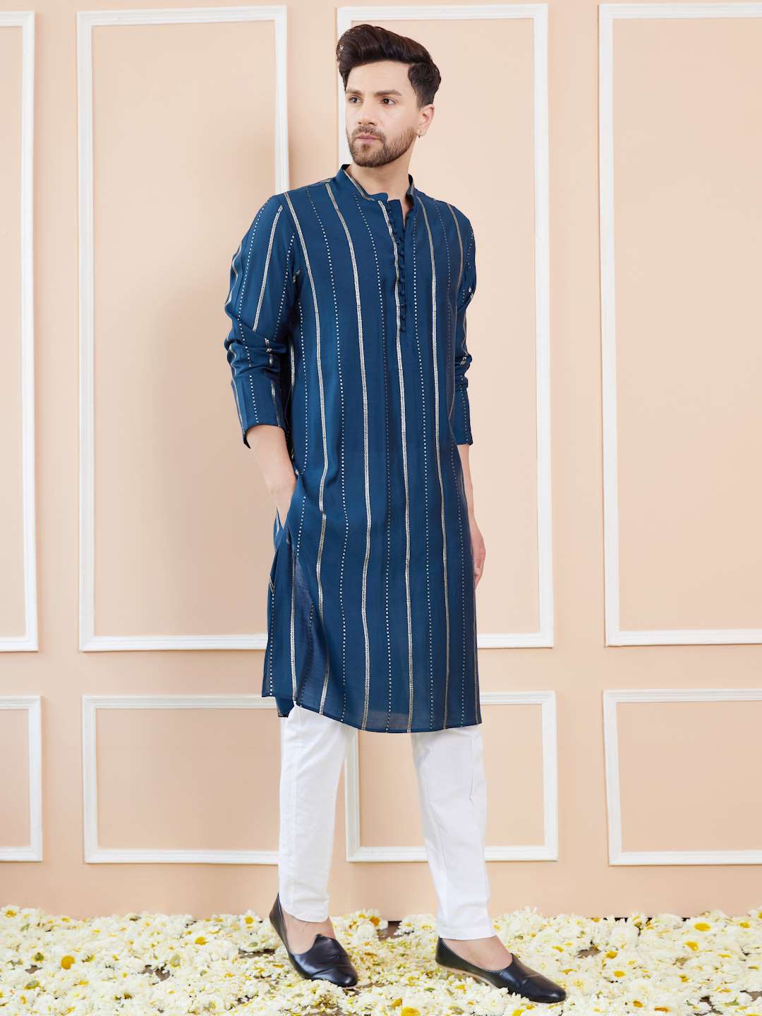 Men Azure Elegance Chanderi Silk Sequins Kurta