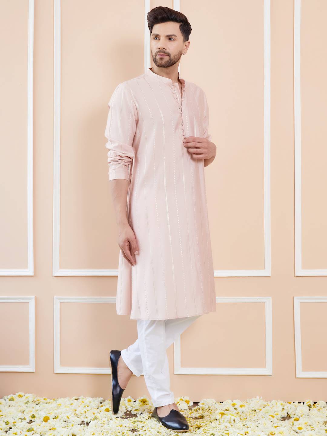 Men Blush Pink with Subtle Gold Shimmer Chanderi Silk Sequins Kurta With Pajama