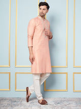 Riwaat.com Men Peach Embroidery Cotton Kurta Riwaat Embroidered