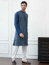 Riwaat.com Men Teal & Gold Sequence Striped Cotton Kurta Riwaat Embroidered