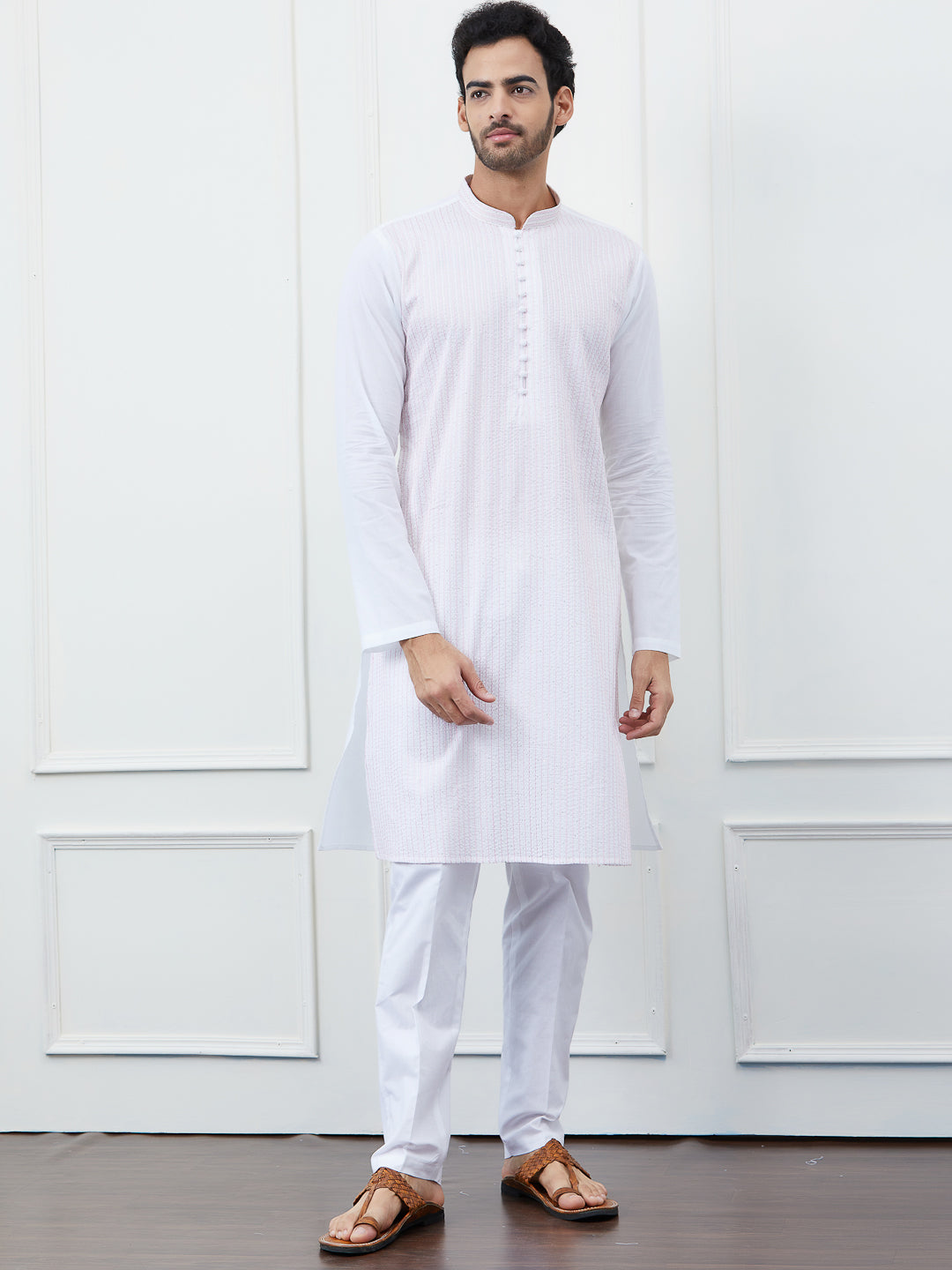 Men White with Blush Pink Striped Kurta and Pajama