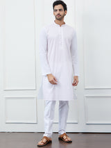 Men White with Blush Pink Striped Kurta and Pajama