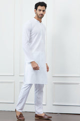 Men White Thread Work Cotton Kurta