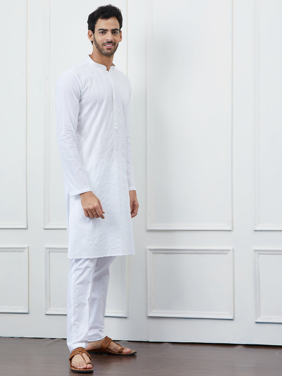 Men Ivory White with Sequence Thread Work Kurta and Pajama